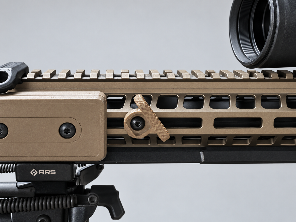 FDE thumb rest mounted side-profile showing angle and recessed mounting bolt