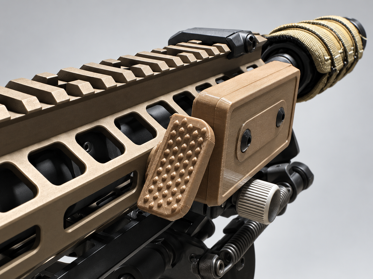 FDE thumb rest mounted on handguard angled view